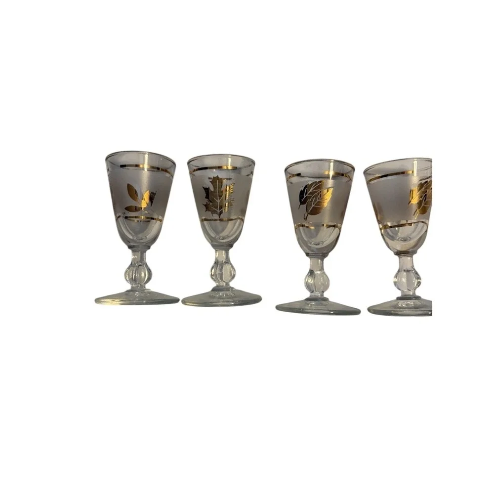 Libbey Shot Glasses Vintage Frosted Gold Leaf Design Clear Set of‎ 4
